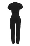 Casual Solid Color Draw String Pocket Patchwork O Neck Short Sleeve Two Pieces