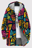 Casual Print Pocket Patchwork Zipper Contrast Hooded Outerwear