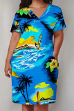 Casual Vacation Flowers Stripe Landscape printing Eye Pocket Contrast V Neck Printed Plus Size Dresses