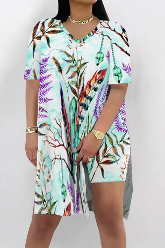 Casual Vacation Floral Print Slit Contrast V Neck Short Sleeve Two Pieces