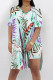 Casual Vacation Floral Print Slit Contrast V Neck Short Sleeve Two Pieces