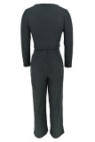 Casual Solid Color Buckle Patchwork U Neck Three Quarter Two Pieces
