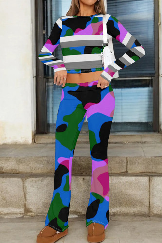 Casual Print Patchwork O Neck Long Sleeve Two Pieces