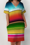 Casual Vacation Flowers Stripe Landscape printing Eye Pocket Contrast V Neck Printed Plus Size Dresses