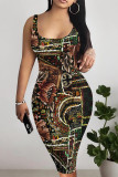 Sexy Floral Print Graffiti Print Contrast U Neck Printed Dresses