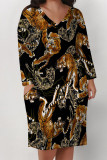 Casual Street Animal Print Pocket Contrast V Neck Printed Plus Size Dresses