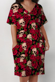Casual Vacation Flowers Stripe Landscape printing Eye Pocket Contrast V Neck Printed Plus Size Dresses