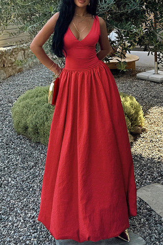 Elegant Solid Color Patchwork V Neck Long Dresses