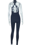 Casual Solid Color Hollow Out Patchwork Backless Halter Skinny Jumpsuits