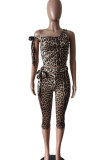 Casual Leopard Print Strap Design O Neck Two Pieces
