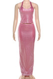 Elegant Solid Color Patchwork Backless Hot Drill Halter Two Pieces