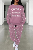 Casual Street Geometric Print Butterfly Letters Draw String Pocket Contrast O Neck Long Sleeve Two Pieces