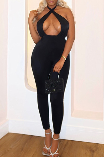 Casual Solid Color Hollow Out Patchwork Backless Halter Skinny Jumpsuits