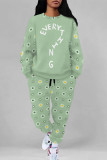 Casual Street Geometric Print Butterfly Letters Draw String Pocket Contrast O Neck Long Sleeve Two Pieces