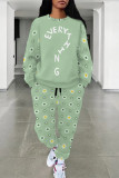 Casual Street Geometric Print Butterfly Letters Draw String Pocket Contrast O Neck Long Sleeve Two Pieces