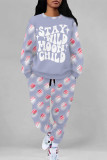 Casual Street Geometric Print Butterfly Letters Draw String Pocket Contrast O Neck Long Sleeve Two Pieces