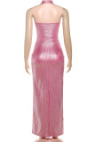 Elegant Solid Color Patchwork Backless Hot Drill Halter Two Pieces