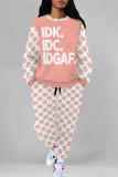 Casual Street Geometric Print Butterfly Letters Draw String Pocket Contrast O Neck Long Sleeve Two Pieces