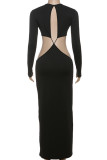 Sexy Solid Color Hollow Out Patchwork O Neck Long Dresses