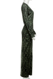 Elegant Print Patchwork Deep V Neck Long Dresses