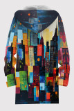 Casual Print Pocket Patchwork Zipper Fluffy Hooded Outerwear