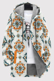Casual Print Patchwork Zipper Fluffy Hooded Outerwear