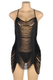 Sexy Solid Color Fringed Trim Hollow Out See-Through Lingerie