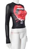 Casual Print Patchwork O Neck Tops