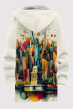 Casual Print Pocket Patchwork Zipper Fluffy Hooded Outerwear