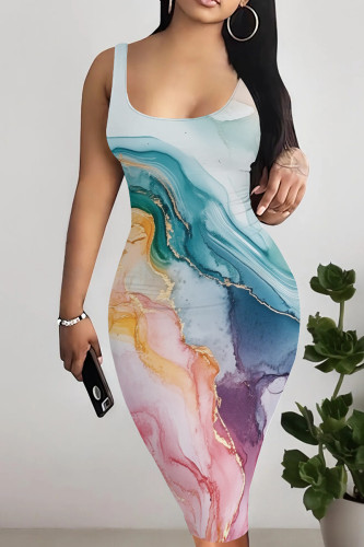Casual Print Patchwork U Neck Wrapped Skirt Dresses