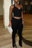 Casual Solid Color Patchwork Backless Slit Halter Two Pieces