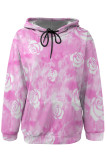 Casual Daily Floral Print Draw String Pocket Contrast Hooded Tops
