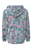 Casual Daily Floral Print Draw String Pocket Contrast Hooded Tops
