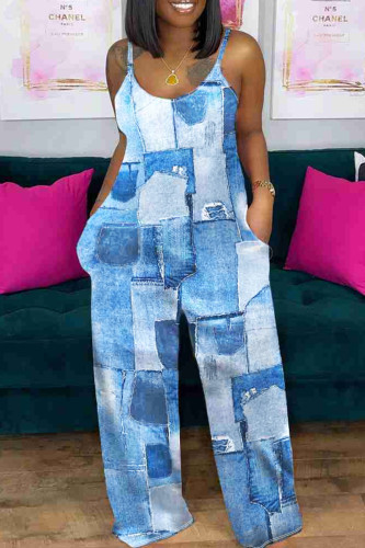 Casual Print Pocket Patchwork Spaghetti Strap Plus Size Jumpsuits
