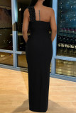 Elegant Solid Color Hollow Out Patchwork Backless Slit Asymmetrical Collar Long Dresses