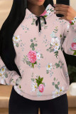 Casual Daily Floral Print Draw String Pocket Contrast Hooded Tops