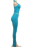 Casual Solid Color Patchwork Backless Slit Halter Two Pieces