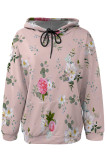 Casual Daily Floral Print Draw String Pocket Contrast Hooded Tops