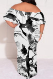 Sexy Floral Print Gradient Ruffle Contrast Off Shoulder Printed Plus Size Dresses
