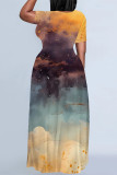 Casual Geometric Print Stripe Gradient Pocket Contrast O Neck Printed Plus Size Dresses