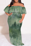 Sexy Floral Print Gradient Ruffle Contrast Off Shoulder Printed Plus Size Dresses