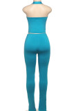 Casual Solid Color Patchwork Backless Slit Halter Two Pieces