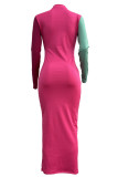 Casual Patchwork Contrast O Neck Long Dresses