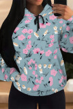 Casual Daily Floral Print Draw String Pocket Contrast Hooded Tops