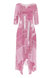 Casual Street Faux Denim Print Pocket Irregular Contrast Oblique Collar Irregular Dresses