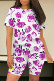 Casual Street Floral Print Stripe Contrast O Neck Short Sleeve Two Pieces