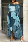 Casual Street Faux Denim Print Pocket Irregular Contrast Oblique Collar Irregular Dresses
