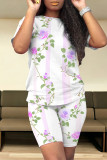Casual Street Floral Print Stripe Contrast O Neck Short Sleeve Two Pieces