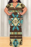Casual National Totem Print Lace Up Contrast V Neck Printed Plus Size Dresses
