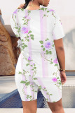 Casual Street Floral Print Stripe Contrast O Neck Short Sleeve Two Pieces